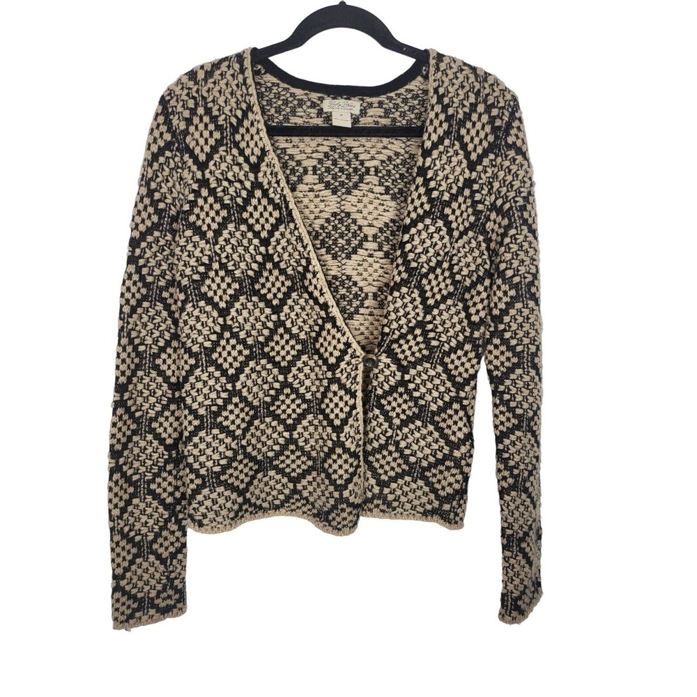 Lucky Brand Lagen Look Cardigan Sweater M Womens Brown Black Long Sleeve